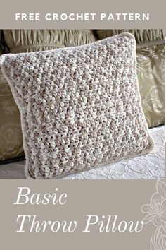 a crocheted pillow with the words basic throw pillow written in white on it