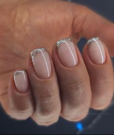 Pink Nails Silver Tips, French Nails Silver Tip, Sparkly French Dip Nails, Short French Glitter Nails, Simple Silver Nails Short, French Nails Silver Line, French Nail With Glitter Line, Sparkle Tip Nails Glitter, Silver Biab Nails