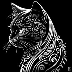 a black and white drawing of a cat's head with swirls on it