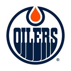 the edmonton oilers logo is shown in blue and white with an orange flame on it