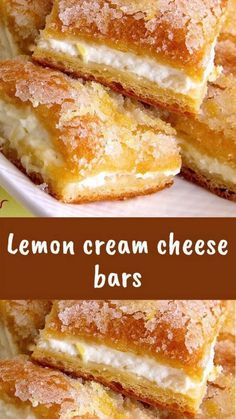 lemon cream cheese bars stacked on top of each other in a white plate with text overlay