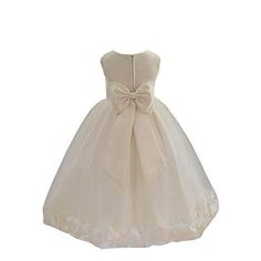 The elegant bodice feature is made of Ivory poly satin. The waistline is decorated with Your Choice of Color Tie-bow Sash and flower to make this dress more elegant. The skirt has 4 layers, the inside layer is satin attached with a netting for additional fullness. The top layer is actually a double layer of fluffy tulles with rose petals and leaves wrapped in it to make this dress more beautiful. The back of the dress has a zipper closure and a nice tie-bow to give it an elegant look. Size: size Petal Flower Girl Dress, Recital Dress, Dress With Bow Tie, Ivory Girls Dress, Ivory Flower Girl, Ivory Flower Girl Dresses, Perfect Bridesmaid Dress, Tulle Flower Girl, Birthday Girl Dress