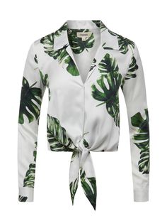 Annie Blouse in White/Tropical Green Multi Large Palm – L'AGENCE Tropical Green, Monstera Leaves, Blouse Nordstrom, Tie Front Blouse, Palm Print, Clothes Horse, Premium Denim, Cuff Sleeves, Ready To Wear