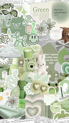 a collage of green and white items with flowers, hearts, plants, and other things