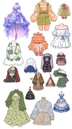 many different types of clothes are shown in this drawing style, including dresses and skirts