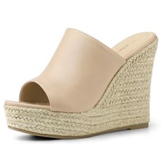 An espadrille wedge adds leg-lengthening height to chic platform mules. Wear yours with everything from dresses to denim.Platform Mules.Espadrille Platform.Open Toe.Vamp: PU; Outsole: TPR; Heel: PVC. Size: 8.5. Color: nude. Gender: female. Age Group: adult. Pattern: Solid. Beige Mules, Womens Espadrilles Wedges, Evening Heels, Heeled Espadrilles, Platform Espadrille Sandals, Platform Mules, Espadrilles Platform, Platform Espadrilles, Shoes Heels Wedges