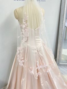 #fashion #dress #pink #aesthetic #fancy #closet #dreamcloset #outfit #clothes #pretty Wedding Dresses Pale Pink, Blush Pink Wedding Veil, White Wedding Dresses With Pink Accents, Light Pink Wedding Veil, Blush Pink Wedding Dress Simple, Pink Wedding Dress With Veil, Pink Bridal Veil, Blush Pink Wedding Dresses, Pink Blush Wedding Dress