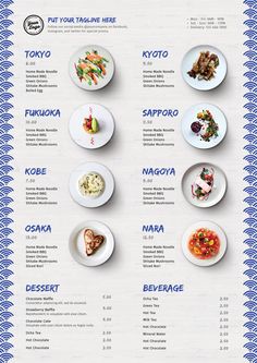 a menu with different types of food on it