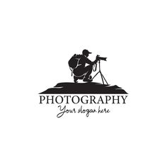 a man with a camera and tripod on top of a hill logo design for photography