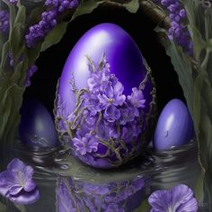 an egg with purple flowers in the water