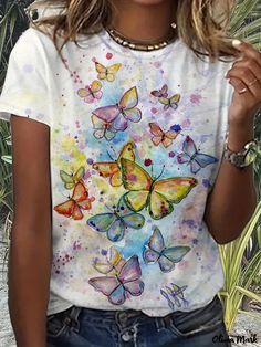 Olivia Mark - Graphic Print T-shirt, Casual Crew Neck Short Sleeve Summer T-shirt, Women's Clothing Summer Graphic Tee With Butterfly Print, Multicolor Short Sleeve T-shirt For Spring, Spring Graphic Tee With Butterfly Print, Multicolor Butterfly Print Tops For Summer, Multicolor Butterfly Print Top For Summer, Multicolor Crew Neck T-shirt For Spring, Casual T-shirt With Butterfly Print, Summer Multicolor Crew Neck T-shirt, White Printed Short Sleeve T-shirt