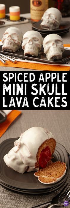 there is a cake with white frosting on it and the words spiced apple mini - skull lava cakes