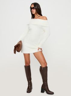 Sweater mini dress  Relaxed fit, turtle neck, drop shoulder, folded cuff  Unlined, good stretch  100% polyester  Cold hand wash Off Shoulder Sweater Dress, Sweater Mini Dress, Sparkling Jewelry, Fleece Dress, Dress Cream, Off Shoulder Sweater, Outerwear Outfit, Mini Sweater Dress, Bodycon Fashion