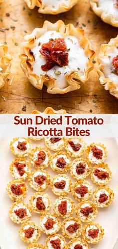 sun dried tomato ricotta bites on a white plate with the title above it in red text