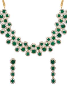 This jewellery set consists of a necklace and a pair of earringsGold-toned and green gold-plated necklace, has emerald stone and white crystal stone detail, secured with a hook closureA pair of matching drop earrings, secured with a post-and-back closure. Size & Fit Size :Necklace length: 11.2 cmEarrings length: 4.6 cm Material & Care BrassWipe with a clean dry cloth Dispatch within 7 days Green Crystal Jewelry For May Birthstone, Green Crystal Jewelry Sets With Jewels, Green Round Crystal Jewelry, Formal Green Plated Jewelry, Green Crystal Necklaces Hand Set, Green Crystal Necklaces With Hand Set Details, Green Crystal Necklace With Hand-set Details, Green Crystal Necklace Hand Set, Formal Green Jewelry Sets With Stones