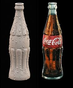 two soda bottles with water drops on them, one is white and the other is brown