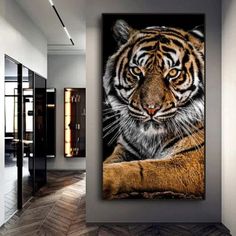 a tiger painting on the wall in an office