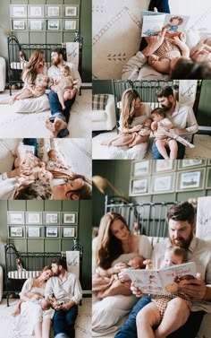 a family is sitting on the bed together and reading books to their baby daughter, who is holding her