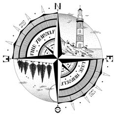 a black and white drawing of a compass with birds flying around it, in front of a lighthouse