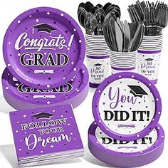 purple graduation party supplies including plates, cups and napkins