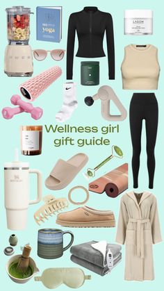 a collage of women's clothing and accessories including shoes, hairbrushes, eyeglasses, coffee mugs