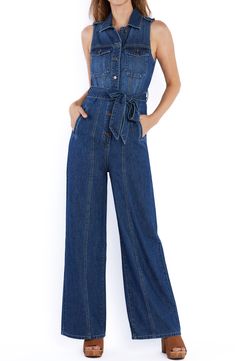 Brassy buttons and sweeping wide legs add character to a fitted denim jumpsuit equipped with handy side pockets. 60" length Front button closure Point collar Sleeveless Chest button-flap patch pockets; side-seam pockets Removable tie belt Unlined 100% cotton Machine wash, tumble dry Imported Jumpsuit And Blazer, Belt Tying, Denim Jumpsuit, Wide Leg, Jumpsuit, Nordstrom, Blazer