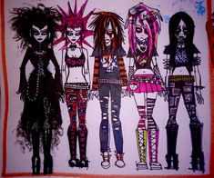 a group of girls with punk hair and makeup are drawn on a piece of paper