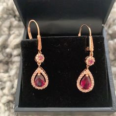 Brand New With Tag Formal Pink Gold Gemstone Earrings, Elegant Ruby Jewelry In Pink Gold, Rose Gold Ruby Earrings For Gifts, Elegant Pink Gold Ruby Jewelry, Elegant Rose Gold Ruby Jewelry, Rose Gold 14k Party Earrings, 14k Rose Gold Fine Jewelry Earrings For Formal Occasions, Elegant 14k Rose Gold Earrings Gift, 14k Rose Gold Earrings For Formal Occasions