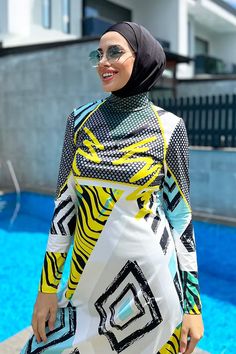 White Printed Beachwear Swim Dress, Swimming Activities, Ladies Wear, Hijab Fashion Inspiration, Swimsuit Set, Hijabi Fashion, Beachwear For Women, Jamaica, Hijab Fashion