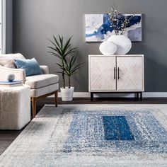 a living room with a blue and white rug