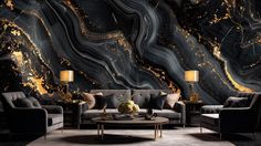 a living room with black and gold marble wallpaper, two couches and a coffee table