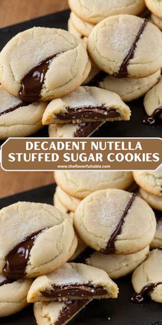 chocolate nutella stuffed sugar cookies on a black platter with text overlay that reads decadent nutella stuffed sugar cookies