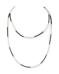 This chic pearl necklace features 3.5-4.0mm AAA quality Freshwater pearls hand picked for their incredible luster. This style is designed with corresponding 3mm black spinel roundels and yellow gold beads and spring clasp, which add an amazing contrast against the white pearls. The necklace is 36 inches in length and affixed with a spring clasp. This item comes packaged in a beautiful jewelry gift box, perfect for gifting. Elegant Double Strand Beaded Necklace With Black Beads, Elegant Rondelle Pearl Necklace With Faceted Beads, Elegant Pearl Necklace With Faceted Rondelle Beads, Elegant Faceted Rondelle Pearl Necklace, Luxury Black Pearl Chain Necklace, Elegant Black Rondelle Beaded Necklaces, Big Necklaces, Black Spinel Necklace, Tin Cup