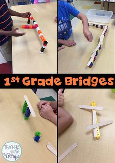 several pictures of children playing with legos and building blocks on the table in front of them