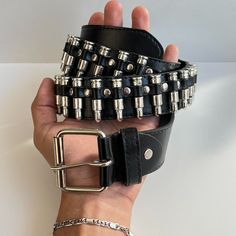 Y2k 2000s Bullet Studded Black Belt These Belts Are Unisex :)! Beautiful Design 1.5 W X 43l Brand New Black Grommet Belt, Chunky Belts Y2k, Emo Accessories 2000s, Stacked Belts, 2000 Emo Fashion, Handcuff Belt, Layered Belts, Bone Belt, 2000s Belt