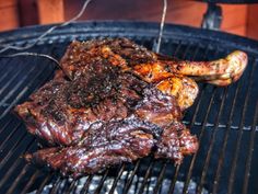 the steak is being grilled on the grill