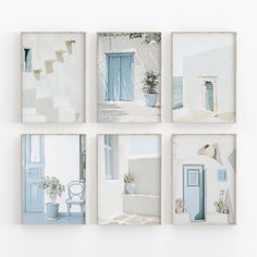 four pictures hanging on the wall with blue doors