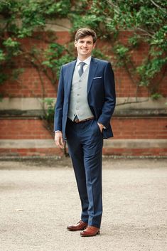 Blue Suit Blue Shirt, Blue Suit Brown Shoes, Blue Suit Outfit, Groom Blue Suit, Grey Waistcoat