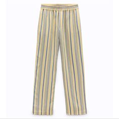 Elastic Waistband. Hidden Side Pockets. Viscose And Polyamide. Trendy Vertical Stripes Pants For Spring, Trendy Pants With Vertical Stripes For Spring, Casual Summer Pants With Vertical Stripes, Summer Pants With Vertical Stripes, Trendy White Striped Pants, Trendy White Pants With Vertical Stripes, Summer Vertical Striped Pants, Striped Summer Pants With Elastic Waistband, Summer Striped Pants With Elastic Waistband