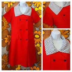 "❤️️️️🤍❤️🤍💙 A wowzer of a dress a tad too small else I'd be grabbing hold of this beauty!❤️ Hard to show on the pics but this cherry red fabric has a subtle lurex sparkle. so great for the evening. Double breasted style with lovely pearlescent buttons. Faux pockets. Short sleeves. Unlined. Large navy white polka dot collar❤️ Fab condition..just one pin dot hole in collar (see pic on ETSY listing)❤️ A stunner of a dress❤️ ❤️approx modern UK 12❤️ Flat pit to pit 38\"...best fit 36\" bust max Fl Fitted Retro Dress With Doll Collar, Retro Fitted Dress With Doll Collar, Collared Polka Dot Dresses With Buttons, Polka Dot Collared Dress With Buttons, Retro Dresses With Peter Pan Collar For Vintage Fashion, Retro Vintage Dress With Peter Pan Collar, Retro Polka Dot Dress For Work, Retro Polka Dot Workwear Dresses, Vintage Polka Dot Dress With Buttons