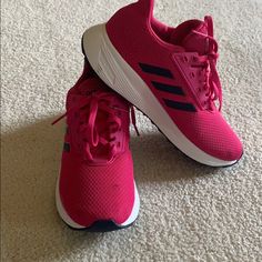 Pink/Black/White Girls Never Worn Adidas Sneakers Pink Synthetic Sneakers For Jogging, Pink Synthetic Sneakers For Running Errands, Pink Casual Sneakers For Running, Pink Casual Running Sneakers, Casual Pink Running Sneakers, Pink Synthetic Sporty Running Shoes, Casual Pink Running Shoes For Errands, Pink Adidas Sneakers For Sports, Adidas Pink Sneakers For Sports