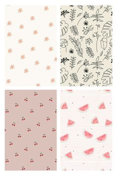 four different patterns with watermelon and berries on them, all in pinks