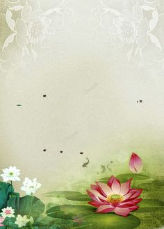 an artistic painting with flowers and birds flying over water lillies in the foreground