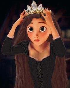 an animated girl with long hair wearing a tiara and holding her hands up to her head