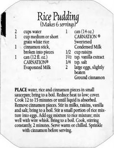 a recipe for rice pudding with instructions on how to make it