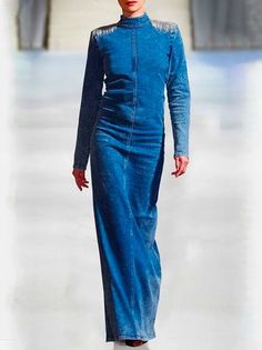 Plain Jumpsuits, Maxi Dress With Long Sleeves, Long Sleeve Denim Dress, Denim Coat Women, Three Quarter Sleeve Dresses, Denim Outfits, Denim Maxi Dress, Printed Casual Dresses, Denim Dresses