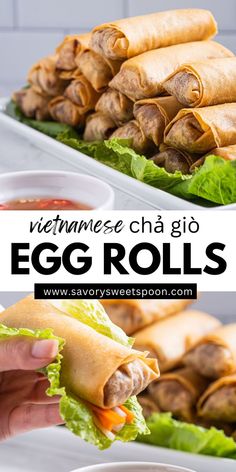 vietnamese egg rolls with lettuce and carrots in the middle on a plate