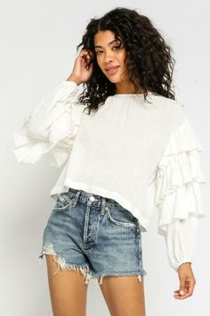 White Ruffled Sleeve Top White Boho Top, White Flowy Top, Ruffled Blouse, Statement Sleeves, Ruffle Sleeve Blouse, Gauze Fabric, Pink Boho, Ruffled Sleeve Top, Ruffled Sleeves