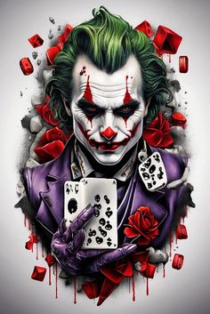 the joker with playing cards in his hand and roses on it's chest, surrounded by