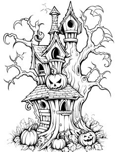 a halloween tree house with pumpkins and bats in the yard coloring pages for adults